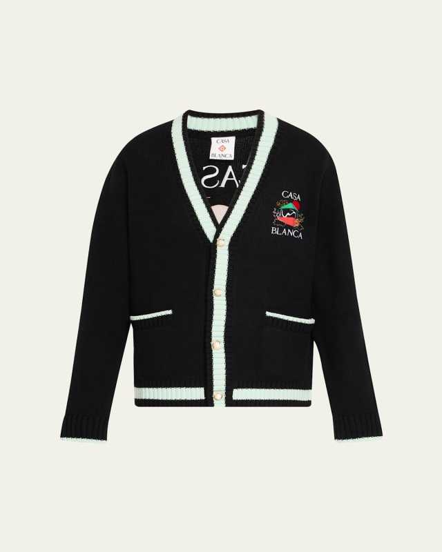Embroidered V-Neck Merino Wool Cardigan